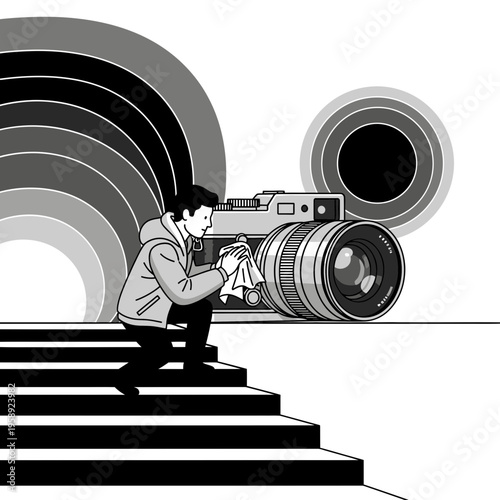 Creative Technician Cleans Professional Camera Lens with Cloth