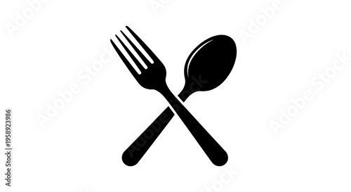 Crossed fork and spoon monochrome illustration of kitchenware ready to eat food