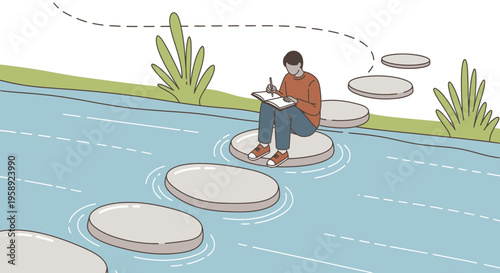 Creative Thought Process Serene Nature Journey Minimalist Illustration