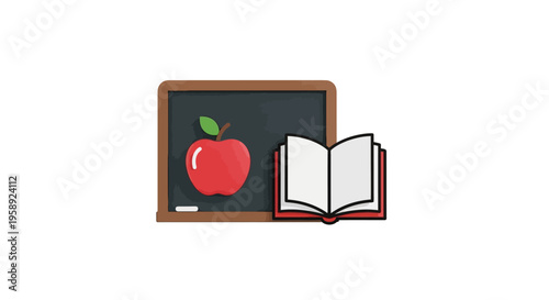 Educational icons with apple, blackboard, and book, representing learning and knowledge acquisition