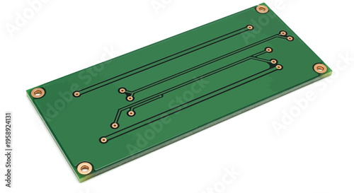 Electronic Circuit Board: A Green PCB with Connected Pathways and Mounting Holes.