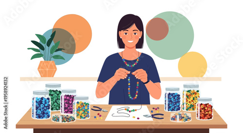 Creative Woman Crafting Colorful Beaded Necklaces
