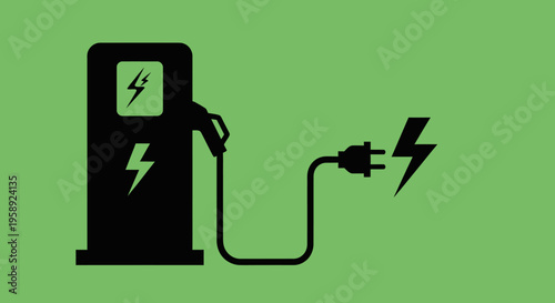 Electric vehicle charging station graphic with plug and lightning on a green background