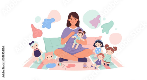 Creative Woman Handcrafting Adorable Dolls With Joyful Imagination And Playful Colors