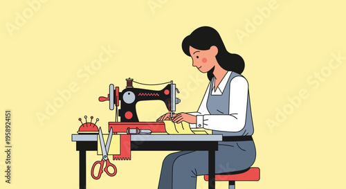Creative Woman Sewing Fabric With Vintage Machine On Table