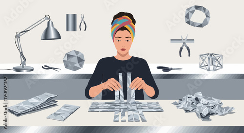 Creative Woman Weaving Geometric Sculpture Materials