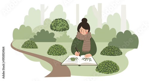 Creative Woman Sketching Nature In A Park And Forest Scene