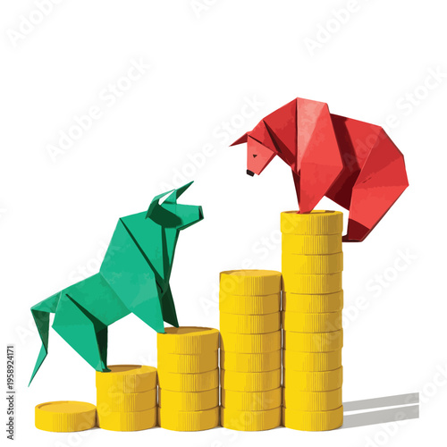Origami bulls stand atop stacks of golden coins symbolizing market trends