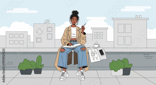 Creative Young Woman Designing Fashion On Rooftop With Cityscape