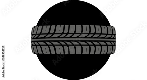 Graphic illustration of a tire tread design against a black circular background no comma