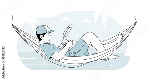 Creative Young Person Writing in Hammock Outdoors With Feather