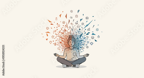 Illustration of a meditating woman with colorful thoughts exploding from her head in a serene setting.