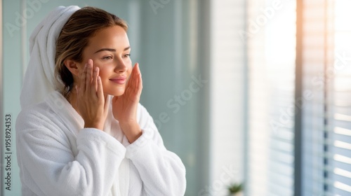 A woman in a bathrobe applying skincare while gazing at her reflection by a window Free Download A woman in a bathrobe applying skincare while gazing at her reflection by a window - GFXLoad