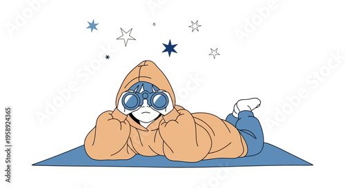 Curious Child Gazing At Stars Through Binoculars Lying Down