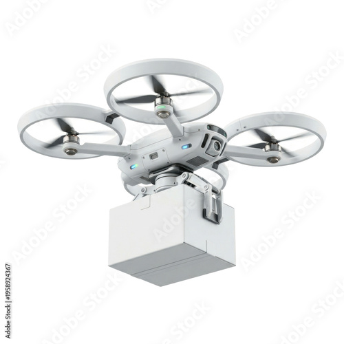 Modern autonomous delivery drone carrying package isolated