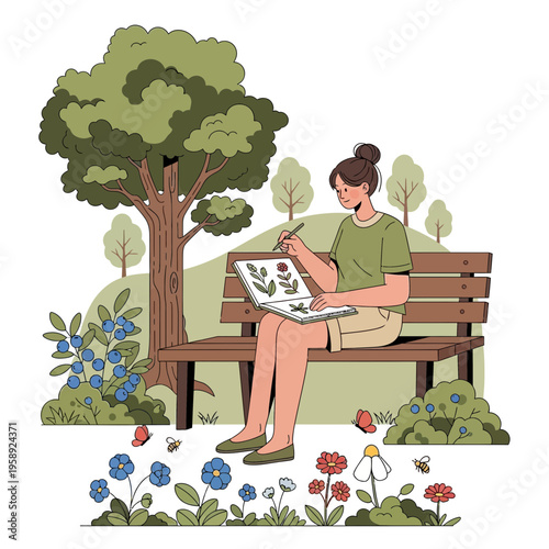 Creative Young Woman Sketching Nature's Beauty on a Park Bench Outdoors