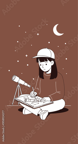 Curious Child Gazing At The Night Sky And Sketching Celestial Wonders