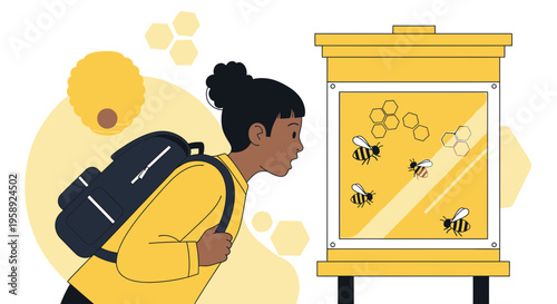 Curious Child Observes Honeybees in Transparent Hive