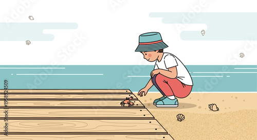 Curious Child Observes Tiny Crab On A Beach Boardwalk