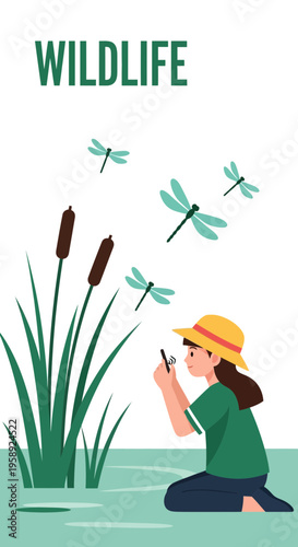 Curious Child Observing Dragonflies In A Serene Wetland Habitat