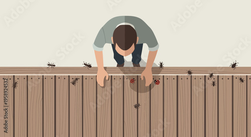 Curiosity About Tiny Life Person Peers Over Wooden Fence At Insects