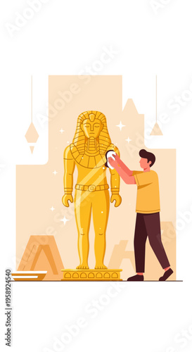 Curator Carefully Cleans Ancient Egyptian Golden Sarcophagus Display