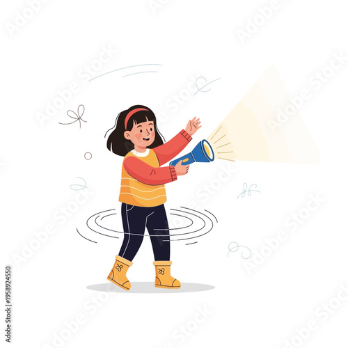 Curious Child With Flashlight Explores The World Around Her