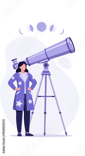 Curious Astronomer Gazing Through Telescope Observing Lunar Phases