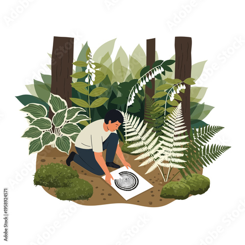 Curious Botanist Documenting Delicate Forest Flora With Scientific Precision