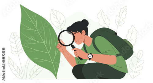 Curious Botanist Examining Leaf Detail Magnifying Nature Discovery Backpack Adventure