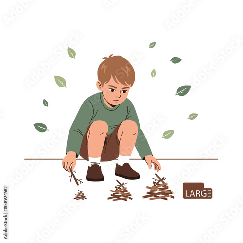 Curious Boy Arranging Sticks Into Piles Demonstrating Size Comparison