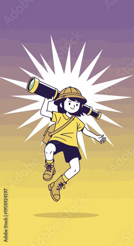 Curious Explorer Boy With Telescope Embarking On Adventure Under Starburst Sky