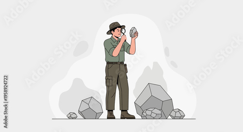 Curious Geologist Examining Stone Through Magnifying Glass Discovery Adventure
