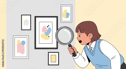 Curious Child Examines Abstract Art With Magnifying Glass