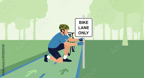 Cyclist Adheres To Dedicated Bike Lane Signage In Park Setting