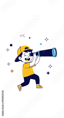 Curious Child Explorer Gazing Through Telescope Discovering New Horizons