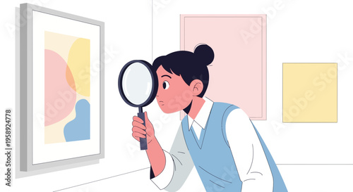Curious Observer Examining Artwork With Magnifying Glass