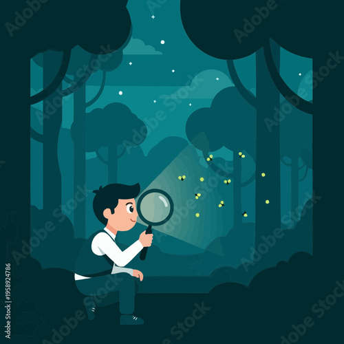 Curious Child Explores Enchanted Forest Discovering Magical Fireflies at Night