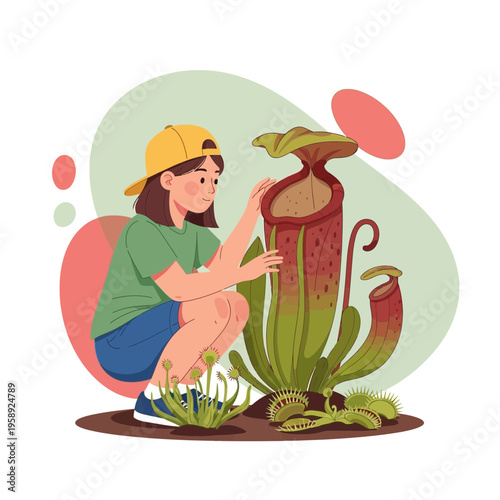 Curious Child Explores Exotic Carnivorous Plants In A Vibrant Garden Setting
