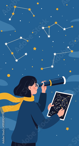 Curious Observer Gazes Through Telescope At Celestial Constellations Under Starry Night Sky