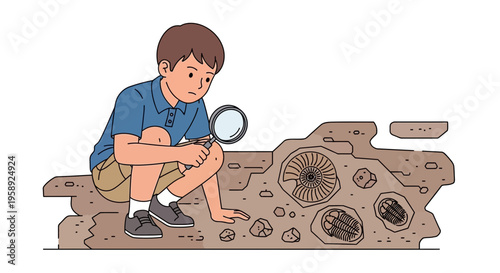 Curious Young Boy Discovering Ancient Fossils With Magnifying Glass Educational Exploration