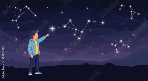 Curious Child Gazes At Luminous Star Constellations In The Night Sky