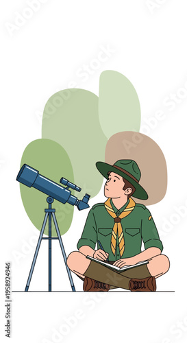 Curious Young Explorer Gazes Through Telescope At Stars Documenting Discoveries