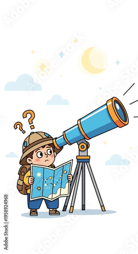 Curious Young Explorer Gazing Through Telescope With Map And Questions