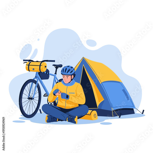 Cyclist Enjoying A Camping Trip With Bike And Tent