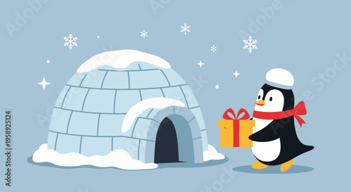Cute Penguin Brings Gift To Igloo On Snowy Day Winter Fun