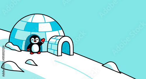 Cute Penguin Waving Hello At An Igloo On Snowy Hill