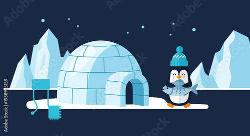 Cute Penguin With Fish Near Igloo On Snowy Night