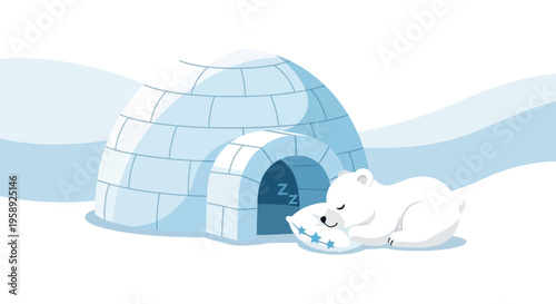 Cute Polar Bear Sleeping Peacefully Beside Igloo Cozy Arctic Scene