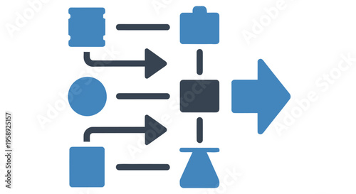 Blue infographic depicting a process flow with squares circles and arrows